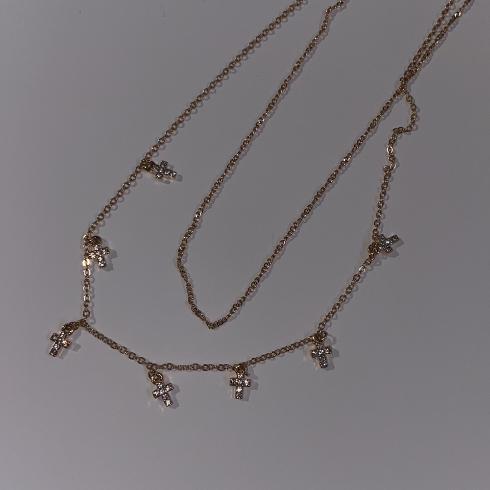 Charm Cross Double Chain Necklace Rhinestone - Picture 10 of 12